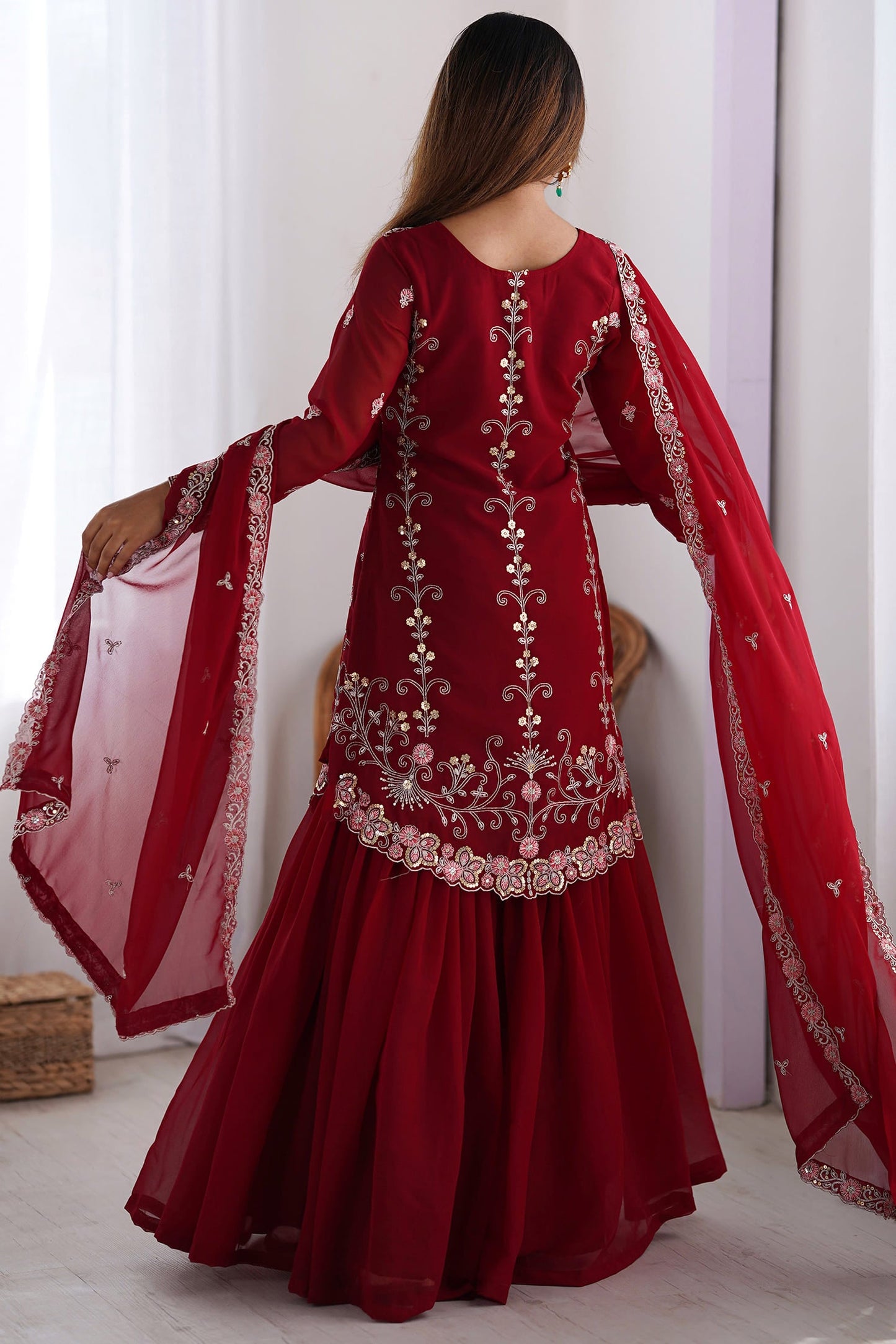 Fabulous Red Sequins Georgette Festive Wear Sharara Suit With Dupatta
