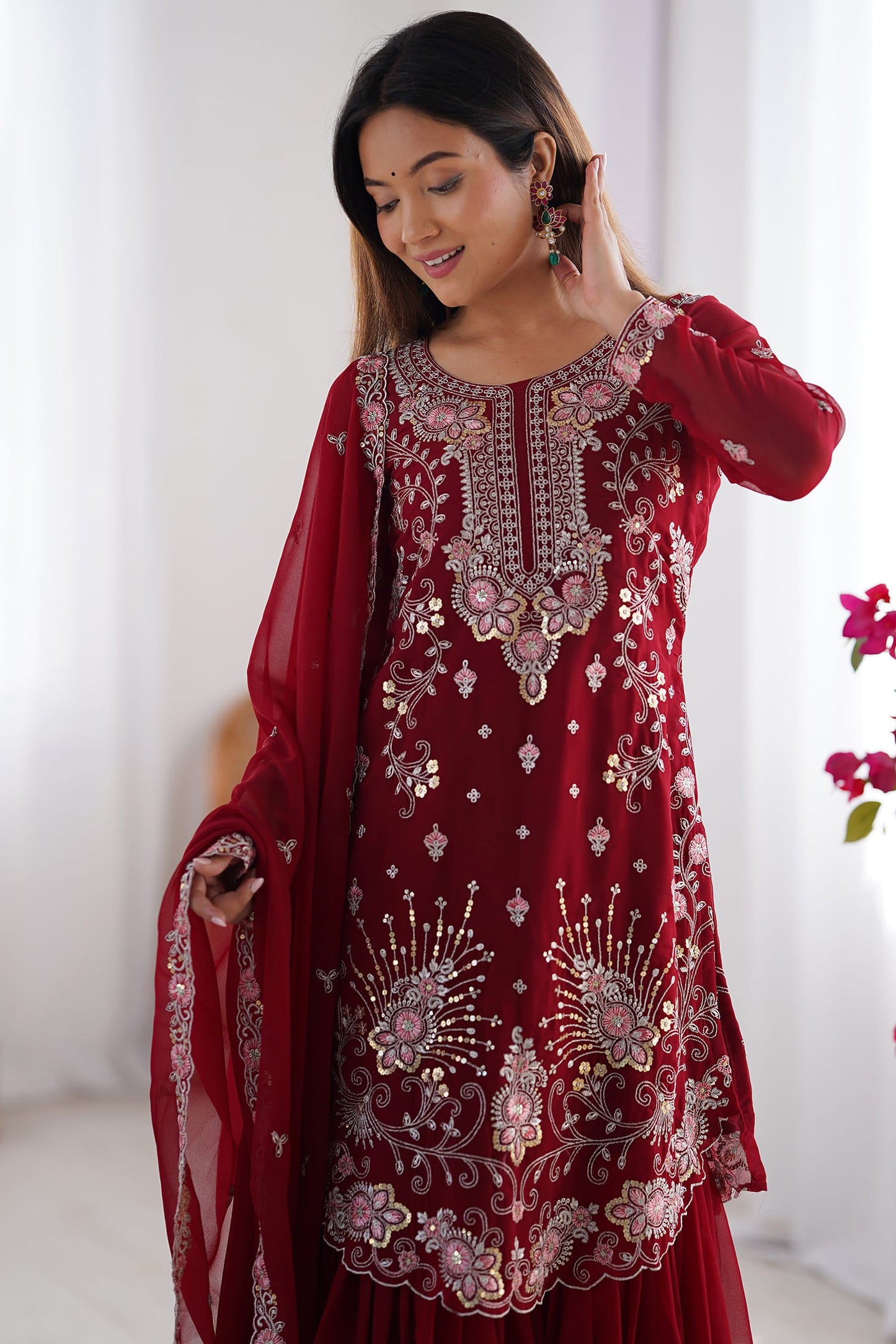 Fabulous Red Sequins Georgette Festive Wear Sharara Suit With Dupatta