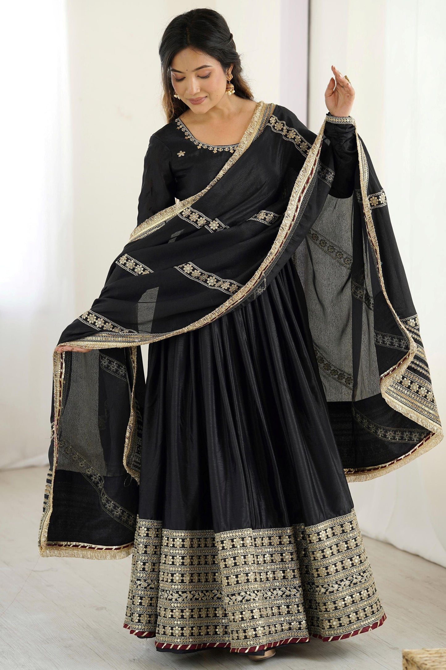 Dazzling Black Thread Work Silk Traditional Anarkali Suit With Dupatta