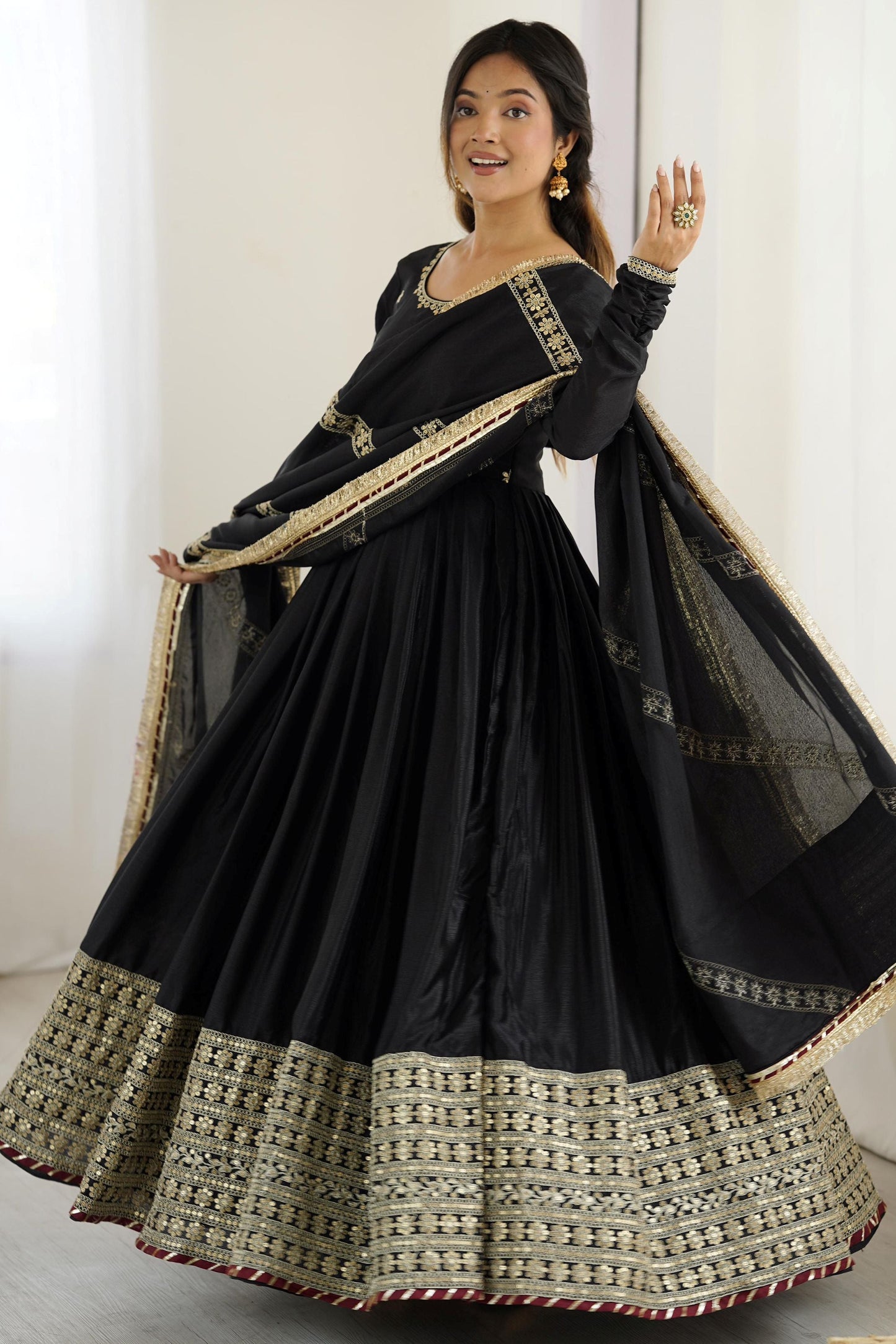 Dazzling Black Thread Work Silk Traditional Anarkali Suit With Dupatta