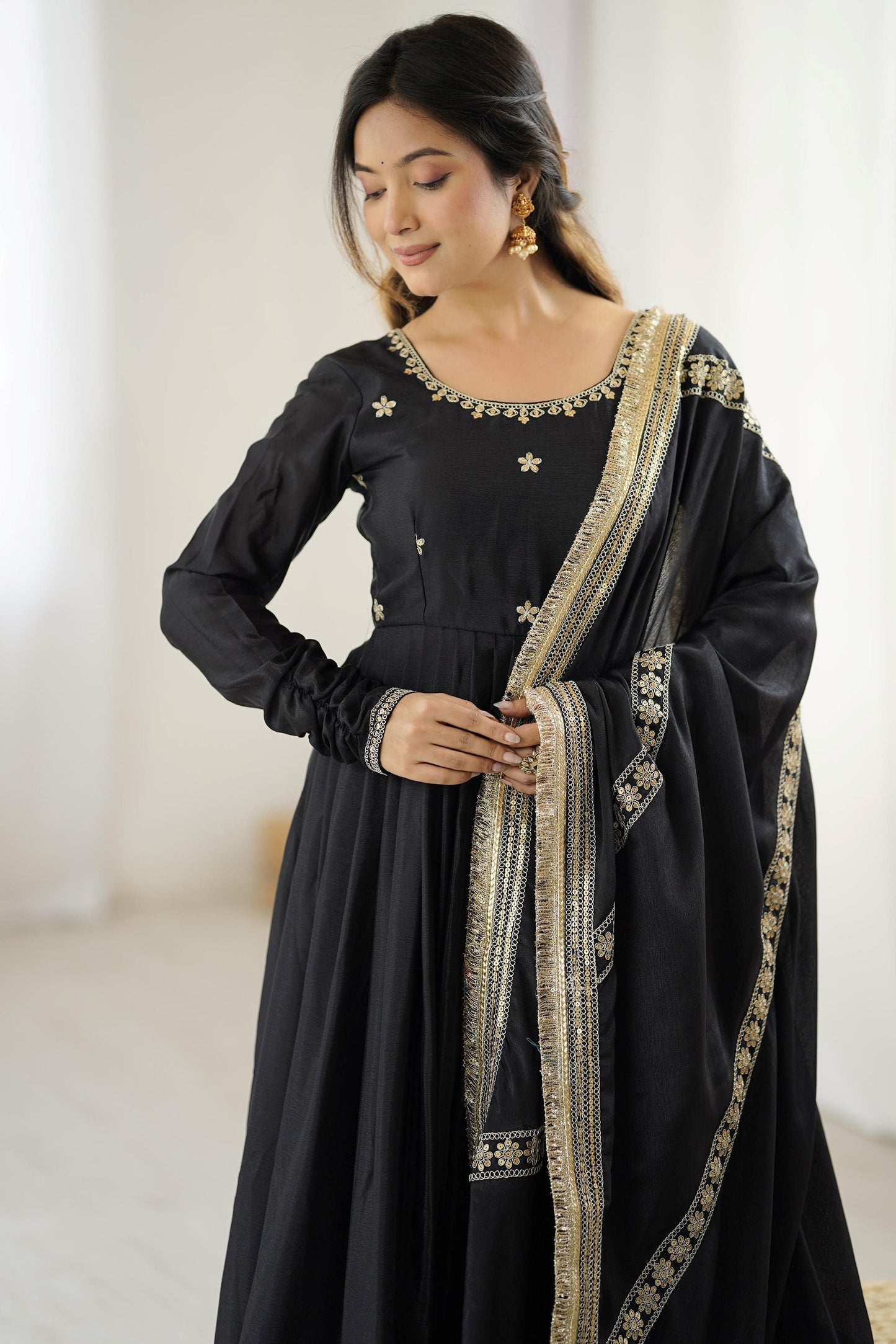 Dazzling Black Thread Work Silk Traditional Anarkali Suit With Dupatta