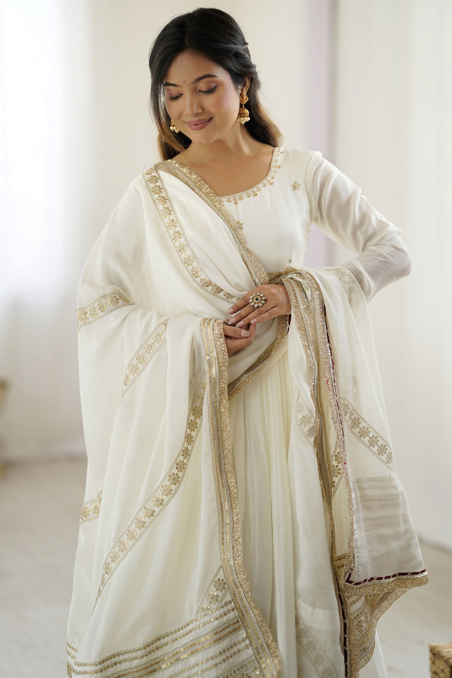 Astonishing White Sequins Silk Festival Wear Anarkali Suit Pant