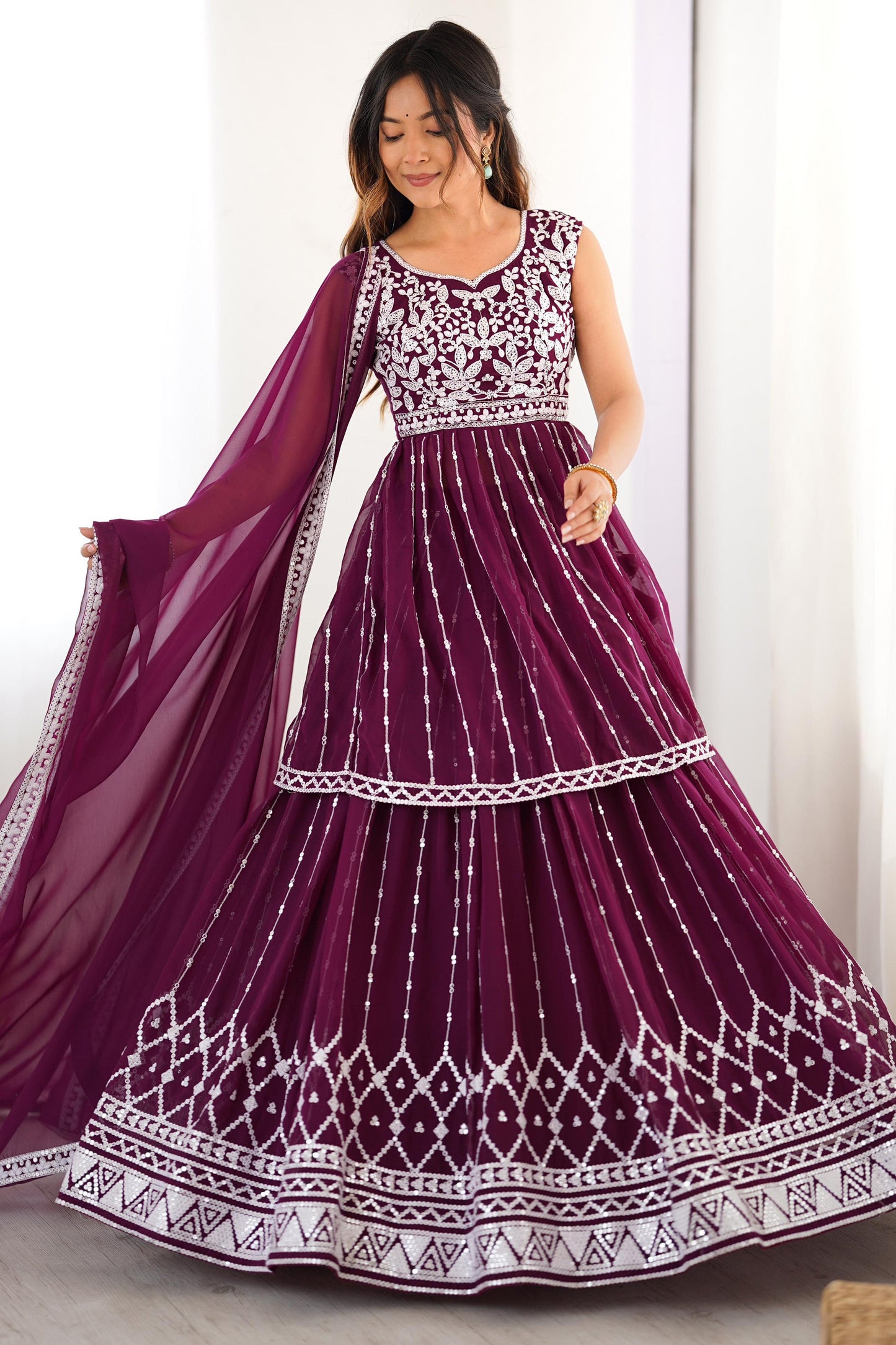 Magnetic Wine Sequins Georgette Wedding Wear Peplum Top Lehenga