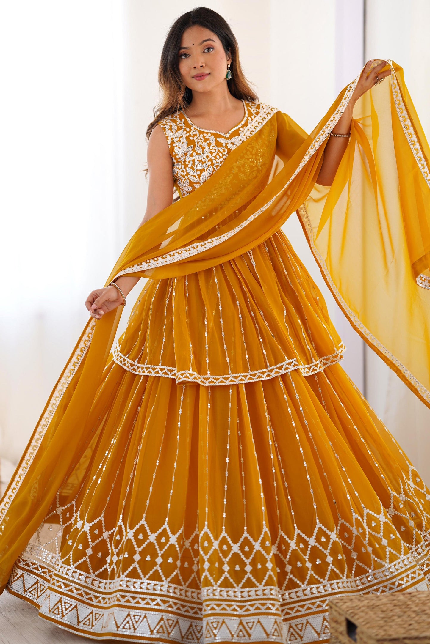 Charming Yellow Sequins Georgette Haldi Wear Peplum Top Lehenga