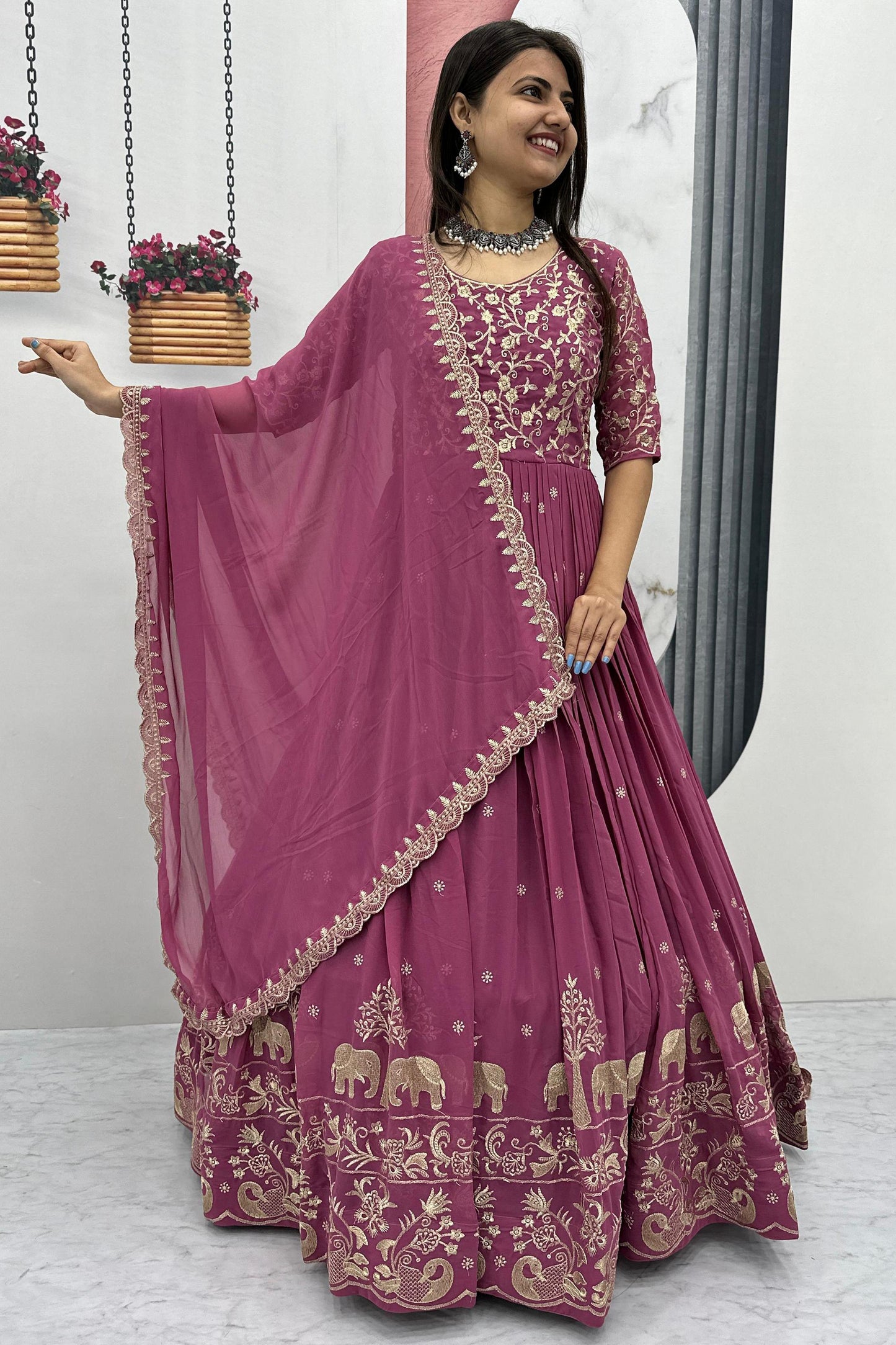 Awesome Pink Thread Embroidered Georgette Engagement Wear Gown