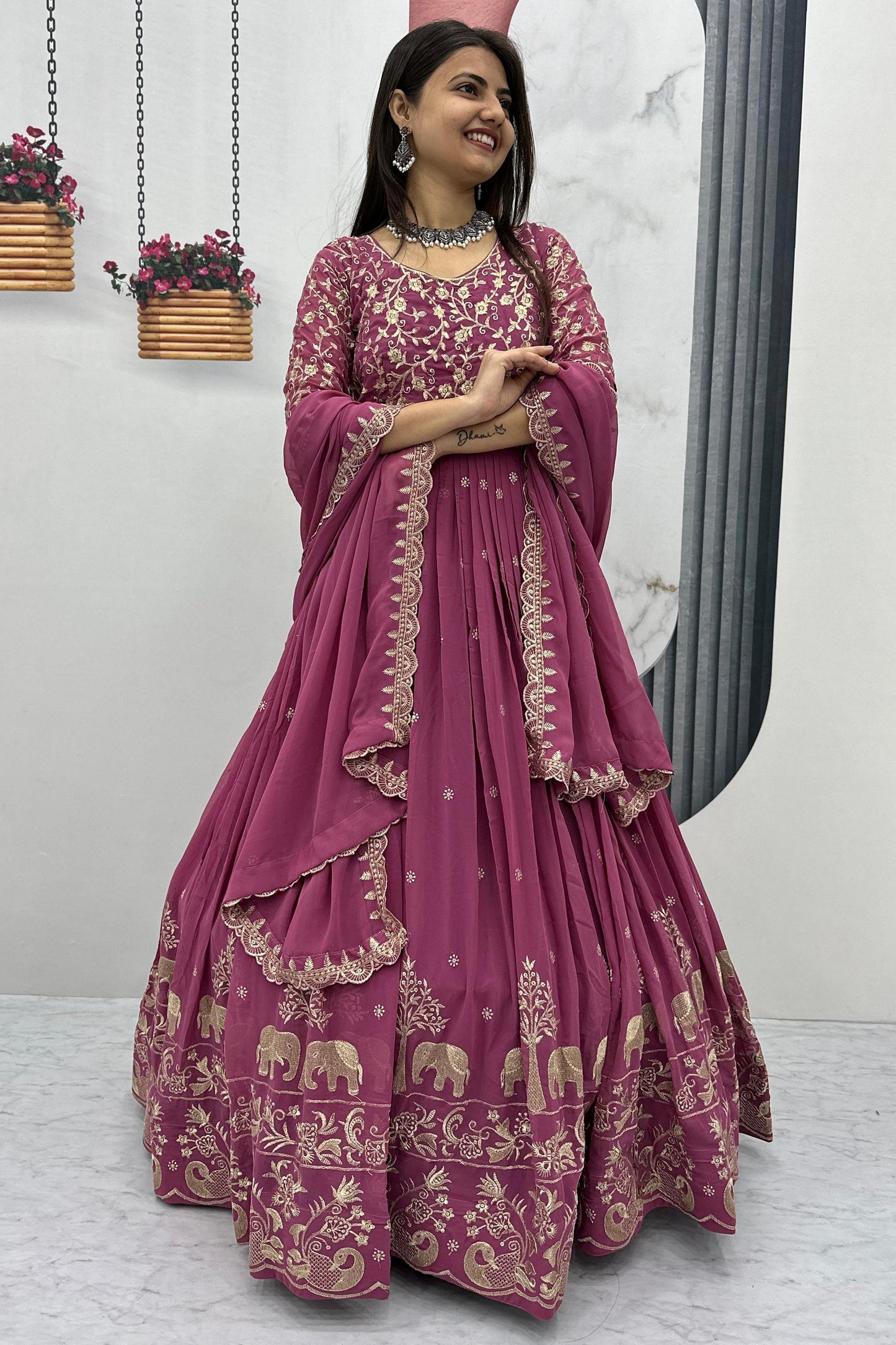 Awesome Pink Thread Embroidered Georgette Engagement Wear Gown