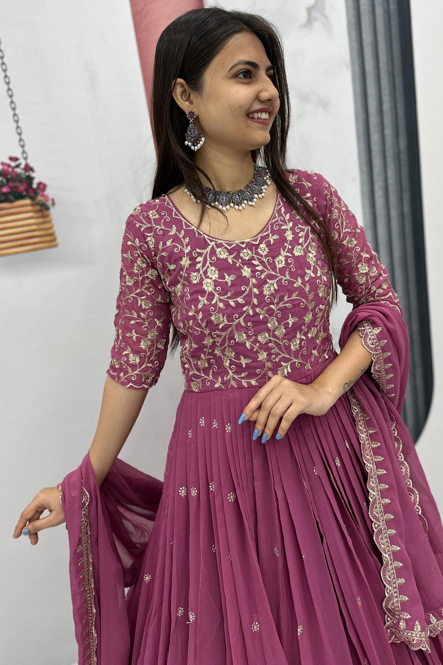 Awesome Pink Thread Embroidered Georgette Engagement Wear Gown