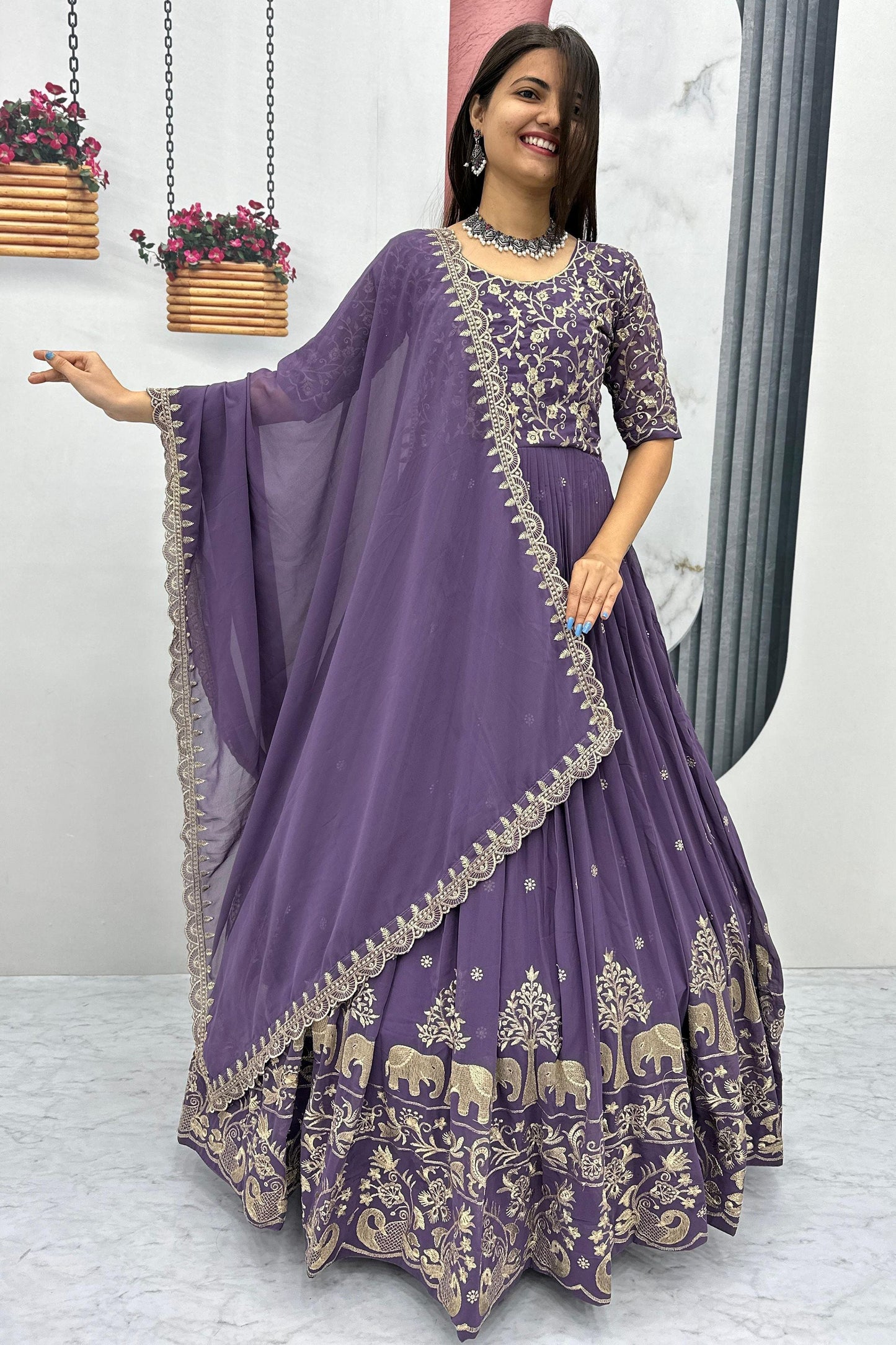 Amazing Purple Sequins Georgette Reception Wear Gown With Dupatta