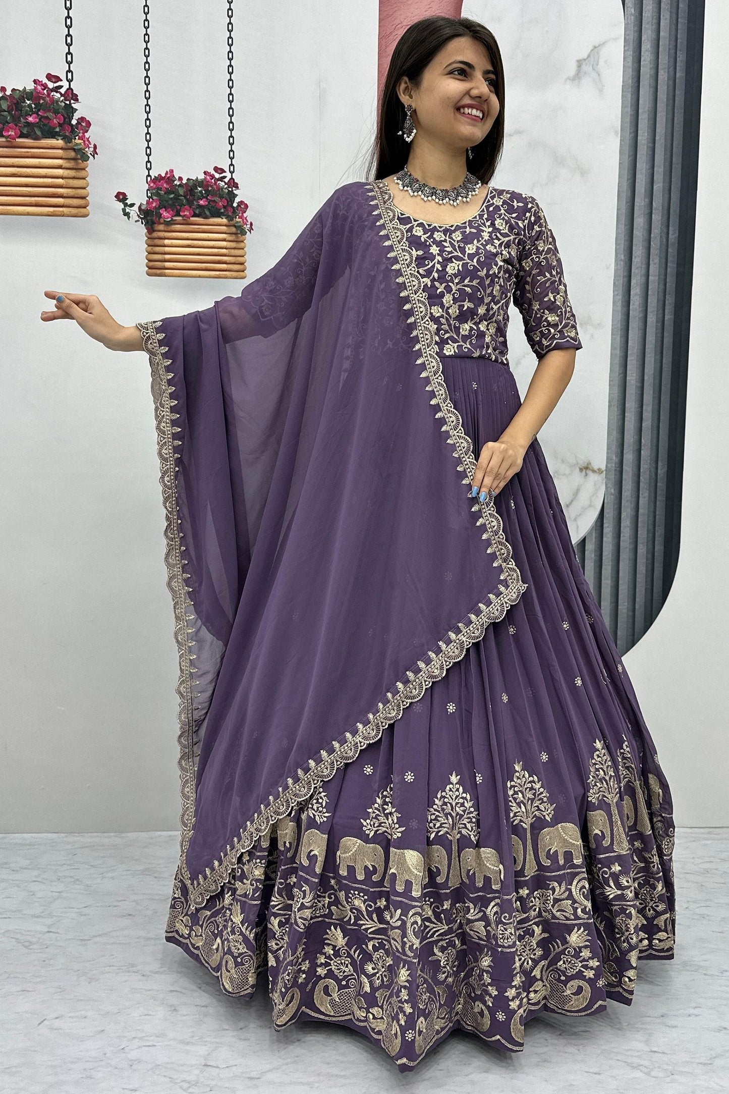 Amazing Purple Sequins Georgette Reception Wear Gown With Dupatta