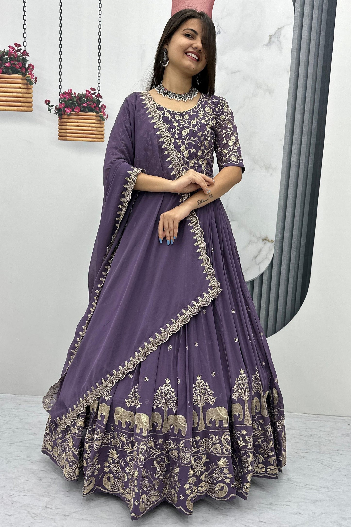 Amazing Purple Sequins Georgette Reception Wear Gown With Dupatta