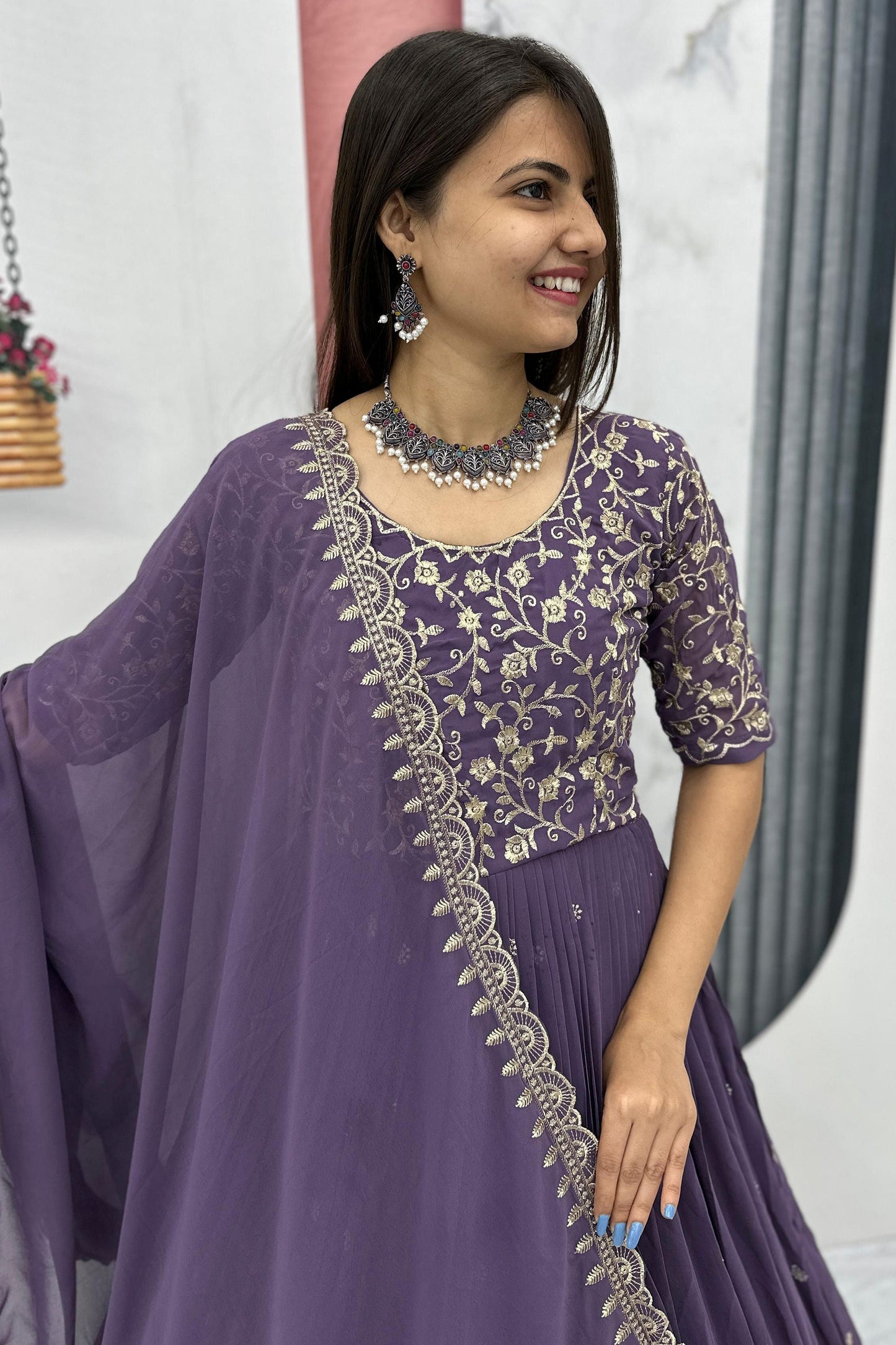 Amazing Purple Sequins Georgette Reception Wear Gown With Dupatta
