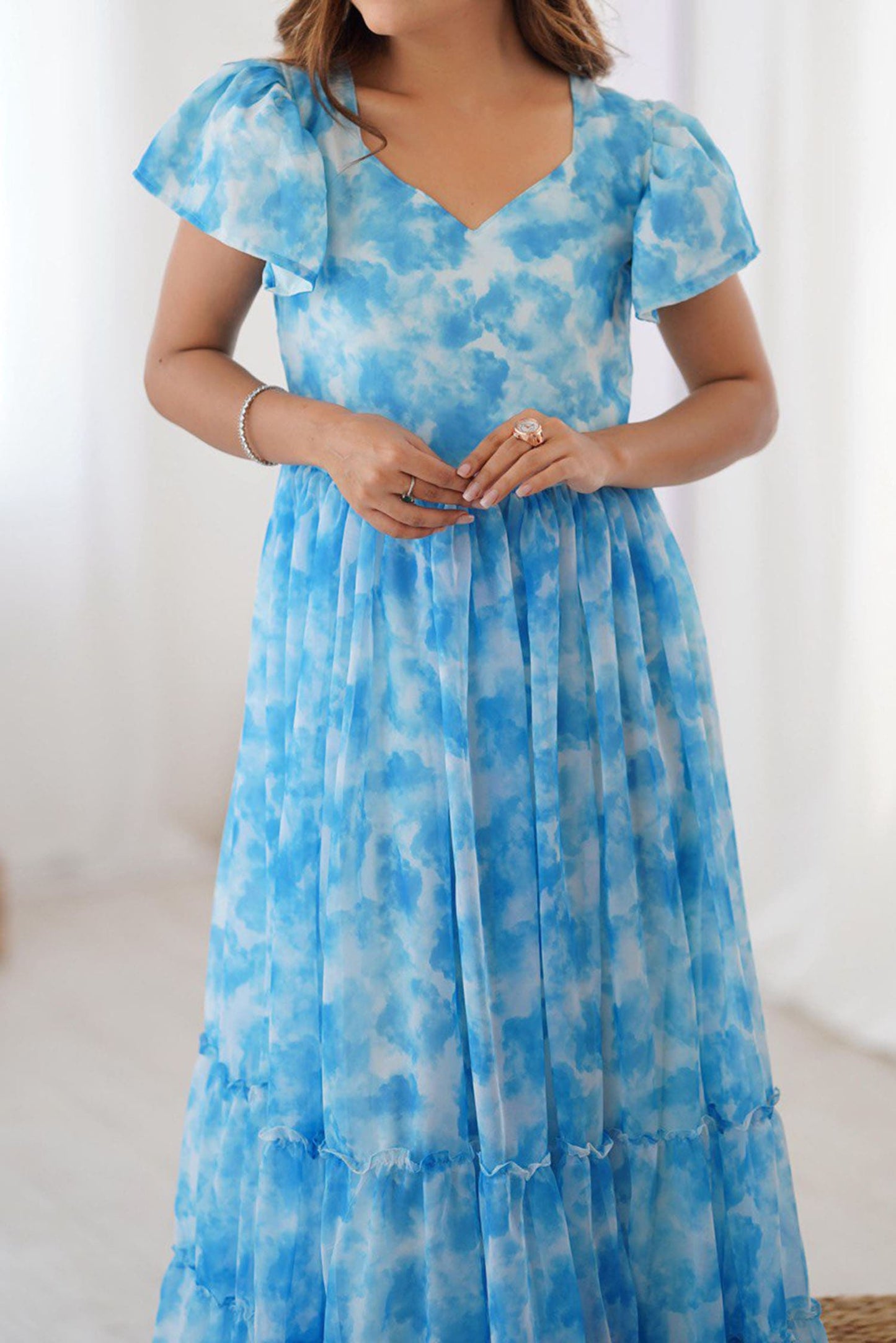 Awesome Sky-Blue Printed Georgette Casual Wear Dress
