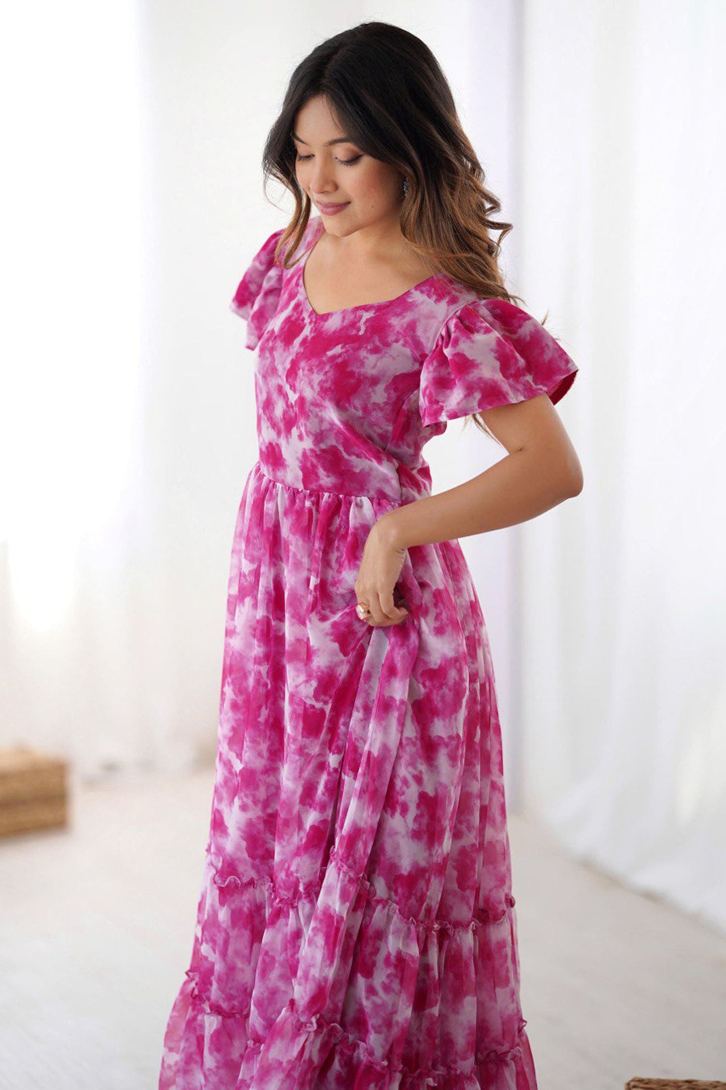 Amazing Rani Pink Printed Georgette Casual Wear Dress