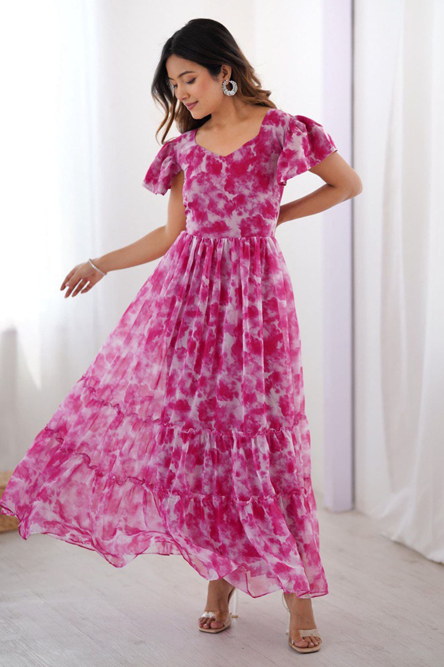 Amazing Rani Pink Printed Georgette Casual Wear Dress