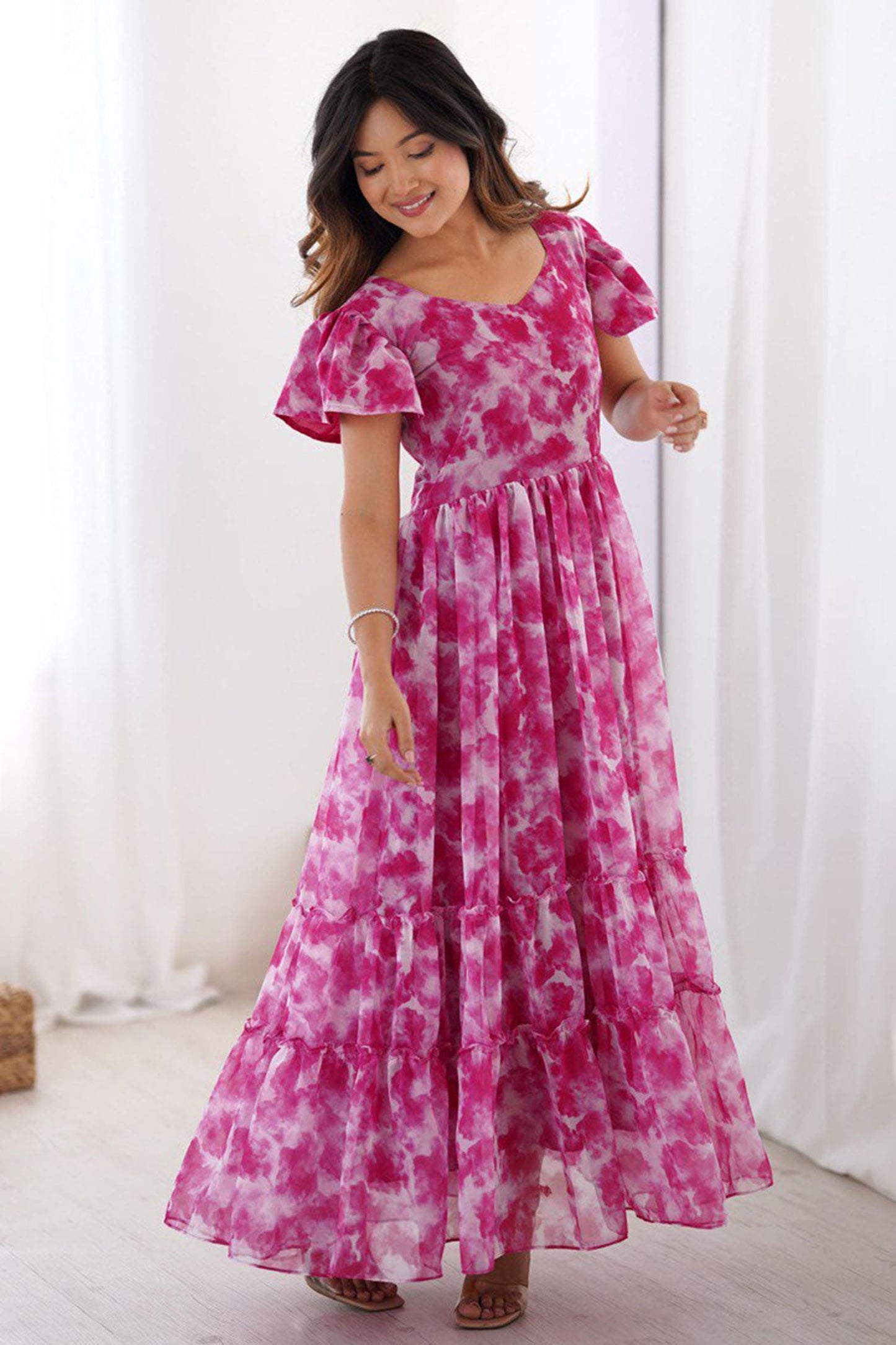 Amazing Rani Pink Printed Georgette Casual Wear Dress