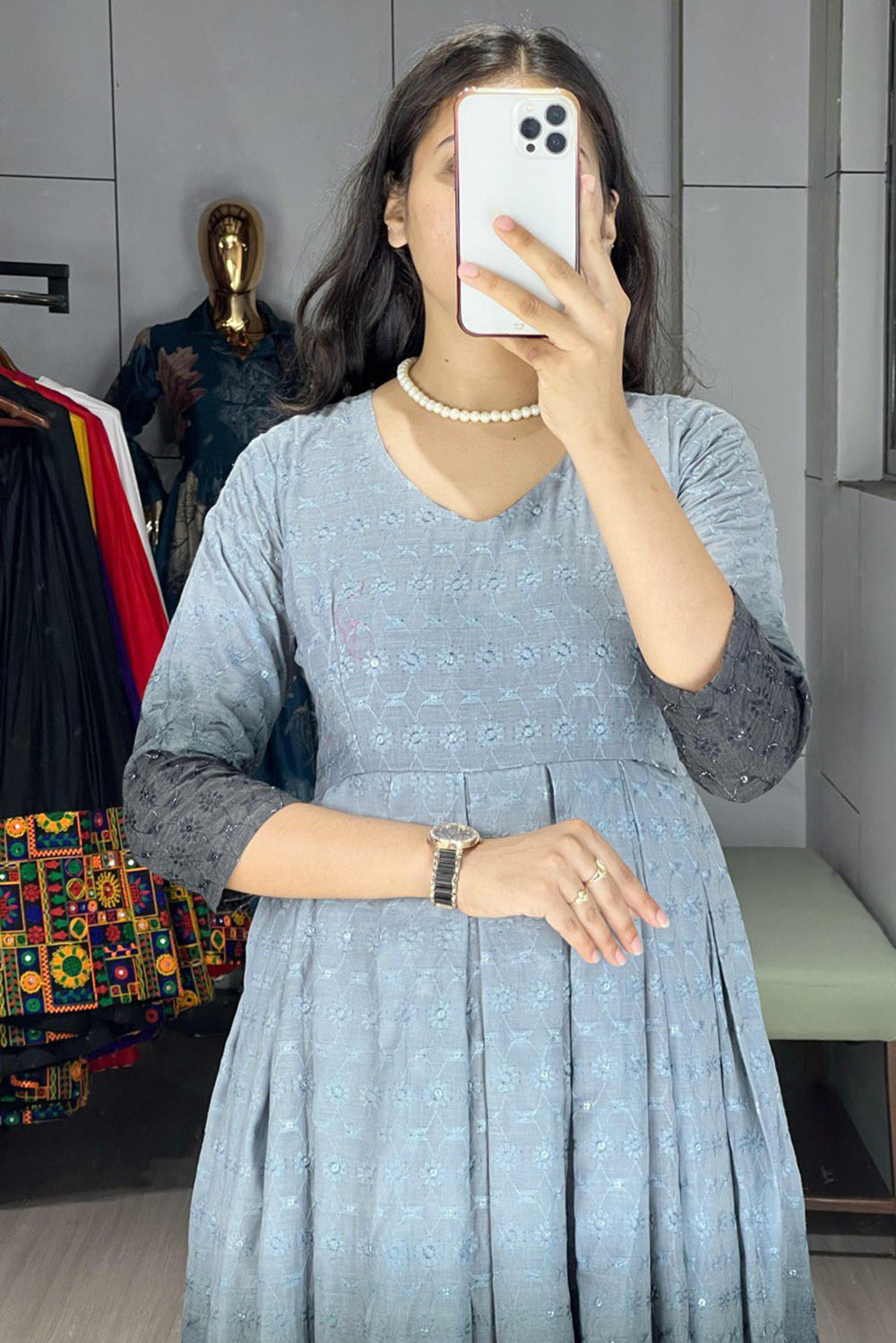 Marvelous Grey Chikankari Cotton Casual Wear Dress