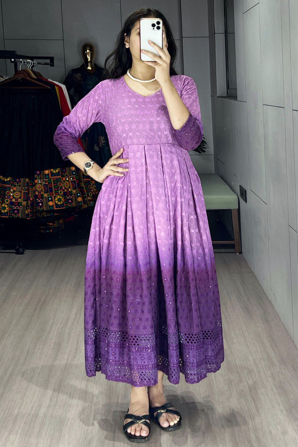 Beautiful Purple Chikankari Cotton Casual Wear Dress