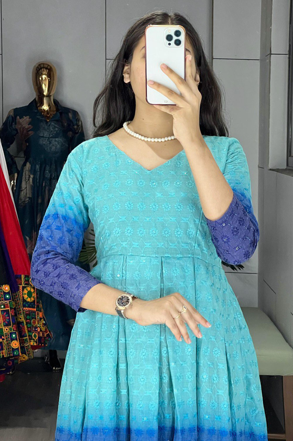 Glamorous Sky-Blue Chikankari Cotton Party Wear Dress